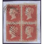 1841 Penny Red plate 154 used block of 4 on piece, cancelled by 930 York numerals,