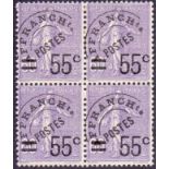 FRANCE STAMPS : 1926 55c on 60c violet pre-cancel issue in U/M block of four, SG 443.