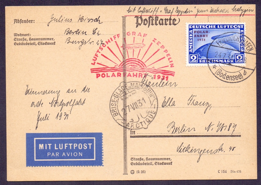 1931 24th July Graf Zeppelin Polar Flight card franked with a 2RM Polar Fahrt overprinted Zeppelin