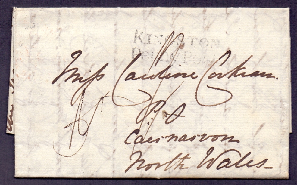 POSTAL HISTORY : GB : 1832 entire from Kingston to North Wales, clear Kingston Penny Post mark.