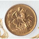 1905 Genuine Gold Sovereign (Sydney Mint) in a hand painted cover produced by Benham depiction