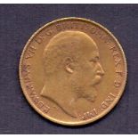 GOLD : 1908 Half Sovereign, reasonable condition coin.