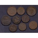 Coins: Small batch of early tokens plus an Irish "thick" Penny, Jersey QV shilling.