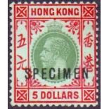 HONG KONG STAMPS ; 1912 $5 Green and Red on Blue Green.