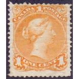 CANADA STAMPS : 1869 1c Orange-Yellow mounted mint , couple of short perfs to top.