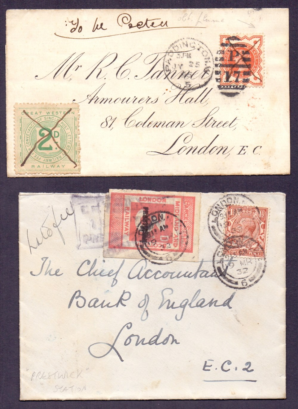 RAILWAY : Two letters both with Railway letter stamps,