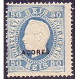 1882 Azores 50r Blue, perf 13.5, slightly off centre, mounted mint SG 88 Cat 1200