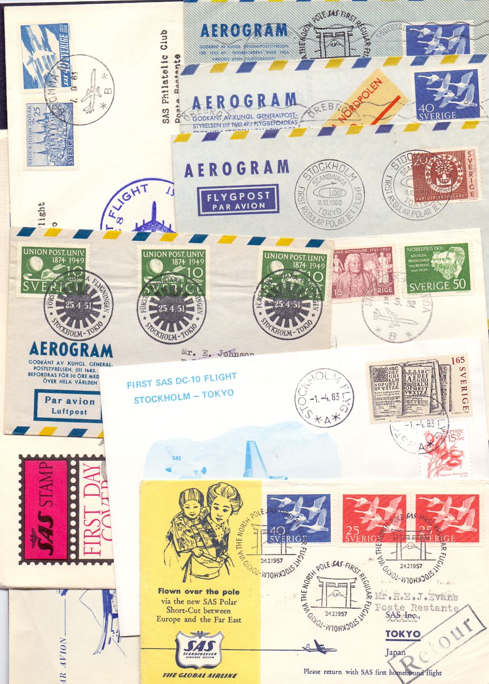 SWEDEN-JAPAN, a selection of ten SAS (Scandinavia Airlines System) flown covers