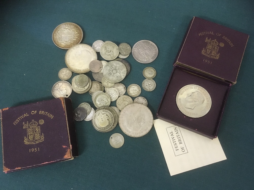 Accumulation of Silver coins plus a couple of boxed 1951 Festival Crowns,