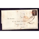 GREAT BRITAIN POSTAL HISTORY Penny Black plate 8 (SE) on thick insurance wrapper.