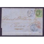 1862 1/- green on wrapper, SG 73. London to Cadiz 19th May 1862.