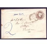 POSTAL HISTORY : GB : 1858 Burton on Trent spoon cancel on postal stationery envelope,