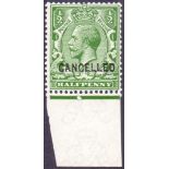 GREAT BRITAIN STAMPS : 1912 1/2d Green over printed "cancelled".