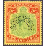 BERMUDA STAMPS : 1938 5/- Green Red and Yellow Perfin Specimen.