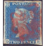 GREAT BRITAIN STAMPS : 1840 TWO PENNY BLUE Plate 1 three margin example (DB) cancelled by Red MX