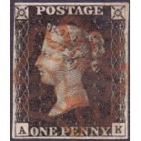 GREAT BRITAIN STAMPS : PENNY BLACK Plate 4 (AK) fine four margin example SG 2