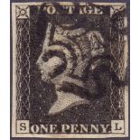 GREAT BRITAIN STAMPS : PENNY BLACK Plate 8 (SL) very fine used four margins,