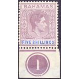 BAHAMAS STAMPS : 1938 5/- Lilac and Blue (thick paper). Mounted mint with plate number.