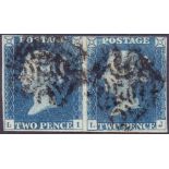 GREAT BRITAIN STAMPS : 1840 TWO PENNY BLUE Plate 1 Two Penny Blue fine four margin horizontal pair