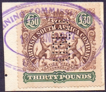RHODESIA STAMPS: British South Africa Company £30 fiscal used.