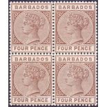 BARBADOS STAMPS : 1885 4d unmounted mint block of four SG 98
