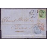 GREAT BRITAIN POSTAL HISTORY : 1862 1/- green on wrapper, SG 73. London to Cadiz 19th May 1862.