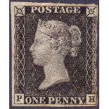 GREAT BRITAIN STAMPS : PENNY BLACK : Plate 6 (PH) three margin example with variety "dot above T".