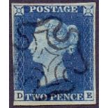 GREAT BRITAIN STAMPS : 1840 TWO PENNY BLUE Three margin example cancelled by black MX (DE)