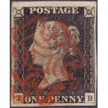 GREAT BRITAIN STAMPS : PENNY BLACK Plate 1b (TB) fine four margin example with a crisp red Maltese