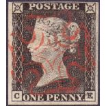 GREAT BRITAIN STAMPS : PENNY BLACK Plate 1a (CE) very fine four margin cancelled by red MX,