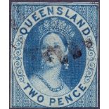 STAMPS : QUEENSLAND 1860 2d blue used,