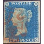 GREAT BRITAIN STAMPS : 1840 TWO PENNY BLUE Plate 1 (PC) fine pale blue example with four margins &