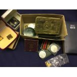 COINS : Small box of coins, and collectibles including a 1914 WWI Xmas tin,