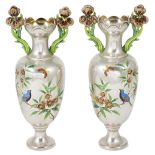 A PAIR OF JAPANESE SILVER AND ENAMEL TWO-HANDLED VASES, MEIJI PERIOD (1868-1912) of slender ovoid