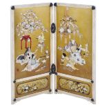 ˜A JAPANESE INLAID IVORY AND LACQUER TABLE SCREEN, MEIJI PERIOD (1868-1912) the twin rectangular