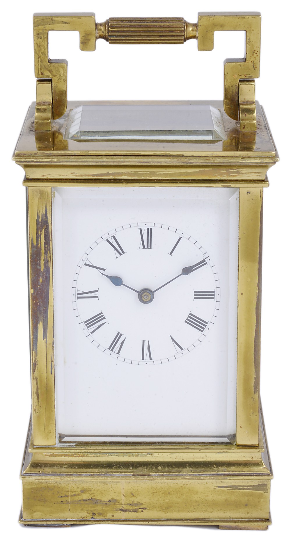 A FRENCH GILT-BRASS CARRIAGE CLOCK, LATE 19TH CENTURY eight day movement striking on a gong, white