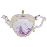 A MEISSEN TEAPOT AND COVER, CIRCA 1740 the yellow ground painted in purple monochrome with two