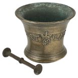 A GEORGE II BELL METAL MORTAR, DATED 1754 of waisted form with reeded rims, inscribed either side of