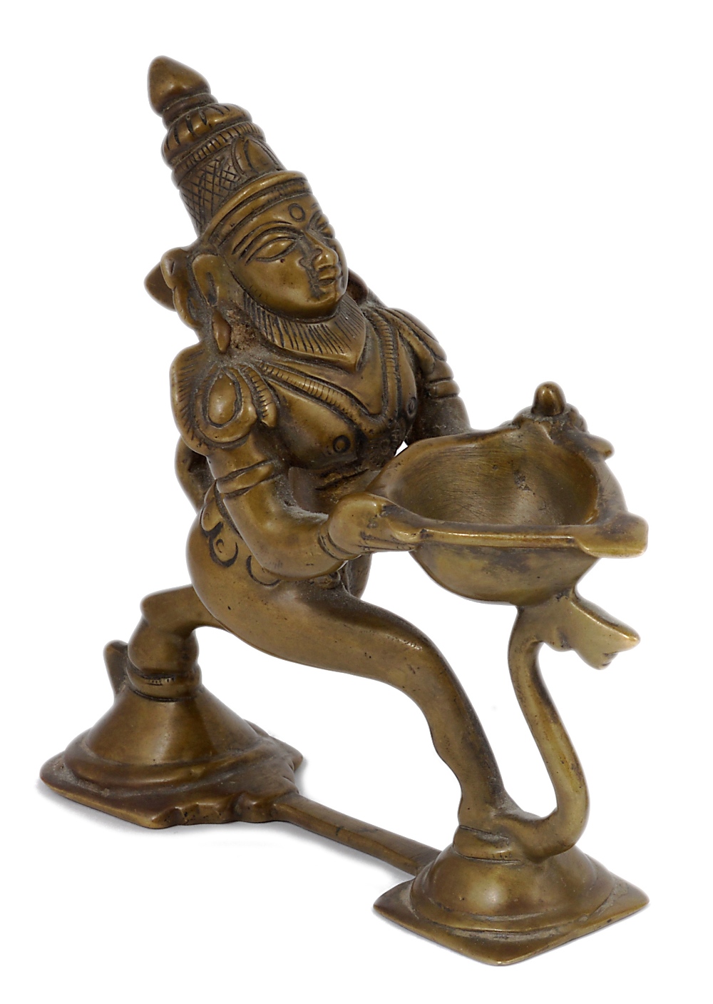 A PUJA LAMP, SOUTH INDIA, 19TH/20TH CENTURY in the form of Hanuman, with scrolling tail, his lamp