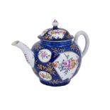A WORCESTER TEAPOT AND COVER, CIRCA 1770 globular, the blue ground painted with fan and circular