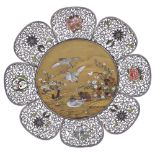 A JAPANESE SILVER AND LACQUER DISH, MEIJI PERIOD (1868-1912) of flowerhead form, set with a