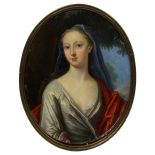 A PORTRAIT MINIATURE OF A LADY, ENGLISH SCHOOL, 1733 her head partly covered by a blue veil, wearing