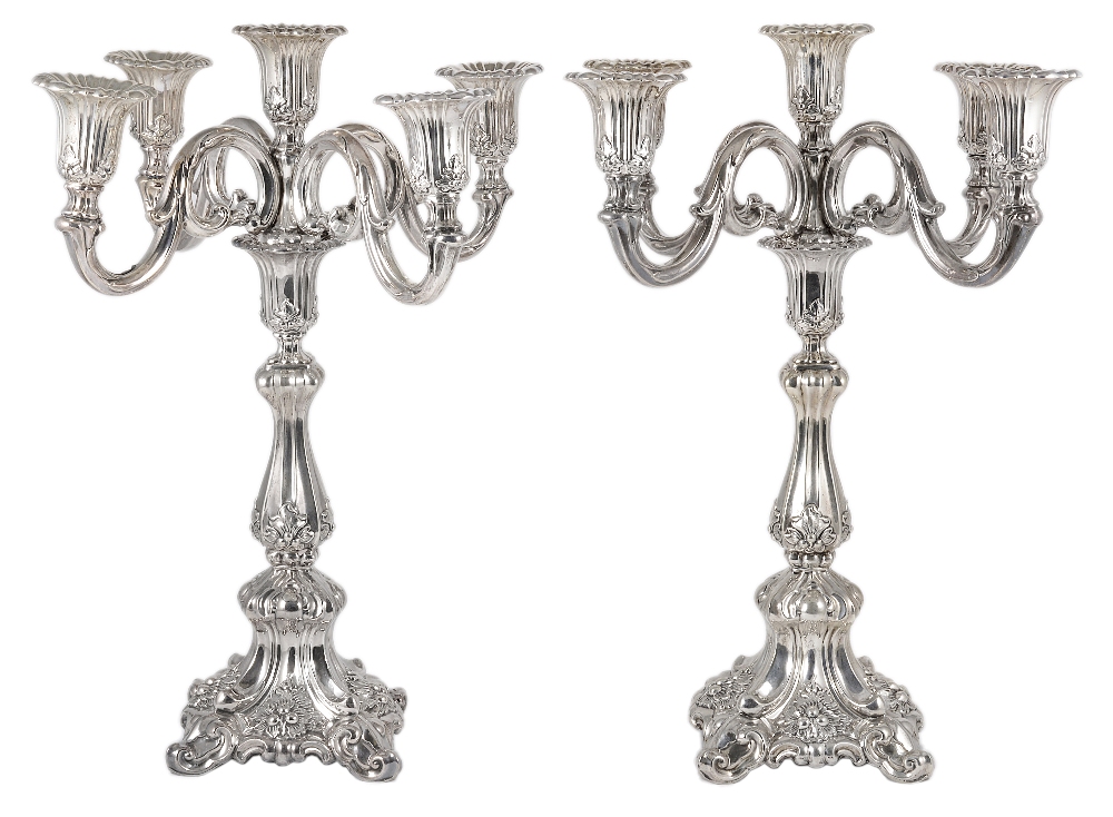 A PAIR OF DANISH SILVER CANDELABRA, MID 20TH CENTURY in 19th century style, the loaded sticks with