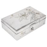 A JAPANESE SILVER CIGAR BOX, MEIJI PERIOD (1868-1912) oblong, worked in katakiribori and iro-e