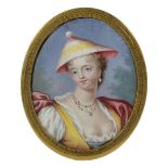 A MINIATURE OF A COUNTRY GIRL, PROBABLY FRENCH SCHOOL, 1770s wearing a conical hat, yellow waistcoat