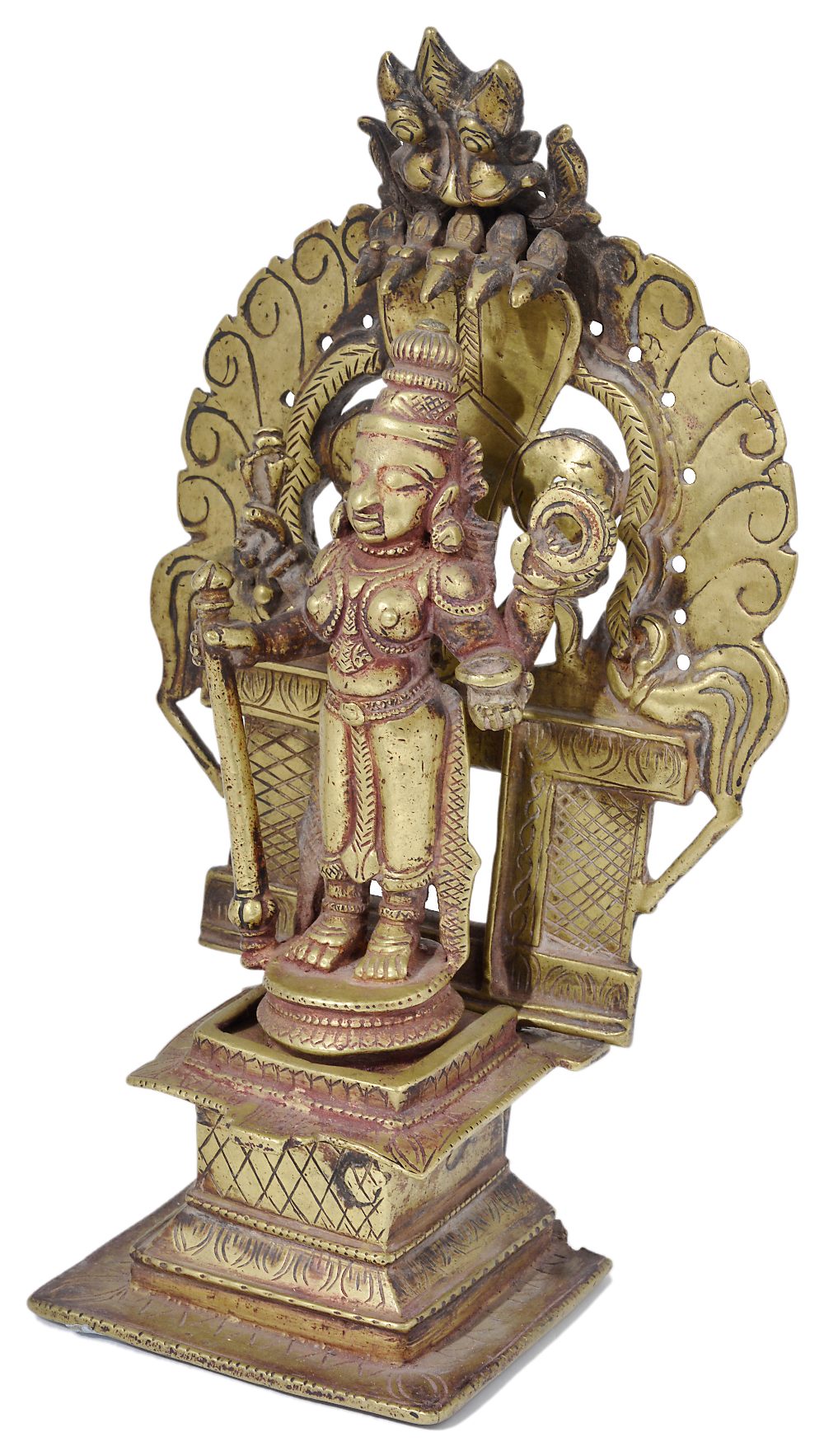 A BRASS FIGURE OF DURGA, WESTERN DECCAN, INDIA, 18TH CENTURY in three sections, standing on a raised