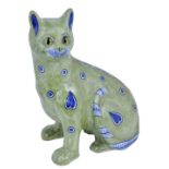 A GERMAN 'GALLE' TYPE CAT, MOSANIC POTTERY, MITTERTEICH, EARLY 20TH CENTURY painted with blue motifs