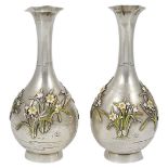 A PAIR OF JAPANESE SILVER AND ENAMEL BUD VASES, MEIJI PERIOD (1868-1912) applied and enamelled