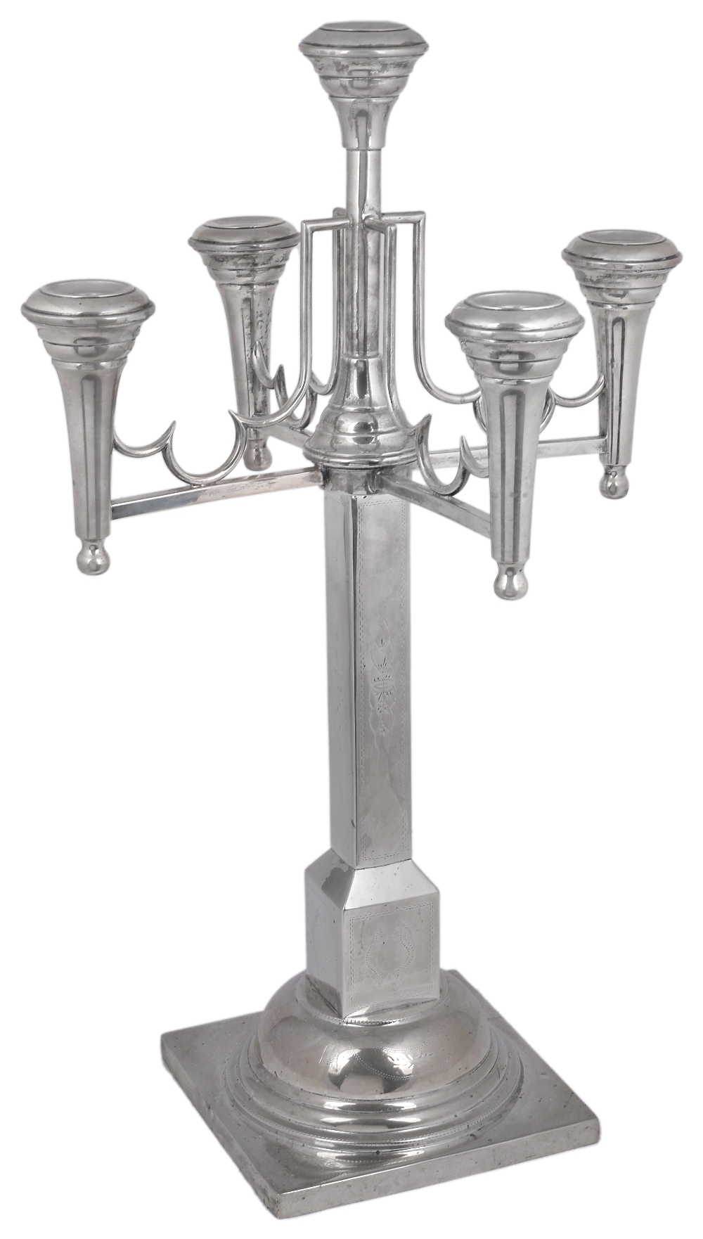A POLISH SILVER FIVE-LIGHT CANDELABRUM, MAKER'S MARK JS, CRACOW, 1920s wrigglework borders and