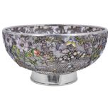 A JAPANESE SILVER-MOUNTED AND ENAMEL BOWL, MEIJI PERIOD (1868-1912) circular, the glass body covered
